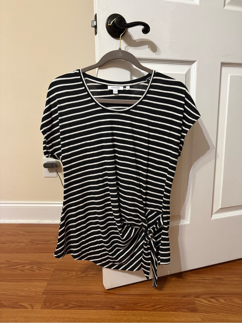 Chico's Black and White Striped Short Sleeve Side-Tie Tee